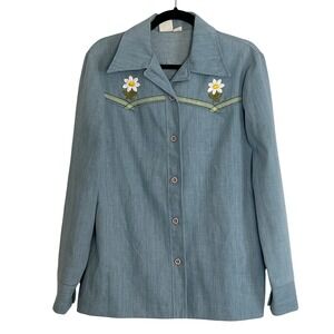 Vintage 70s Tall Girls Blue Western Shirt Embroidered Daisy Floral Long Sleeve